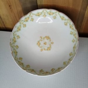 Elite France Vintage Limoges Footed Bowl Green Yellow Flowers 1920s-cracked